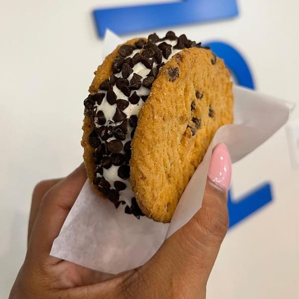 Hand holding a large ice cream sandwich with chocolate chip cookies and mini chocolate chips.